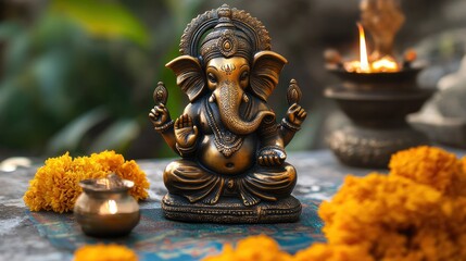 Fototapeta premium A small bronze Ganesh statue, with fine details, placed on a traditional altar with marigold flowers and a small oil lamp, evoking a sense of devotion