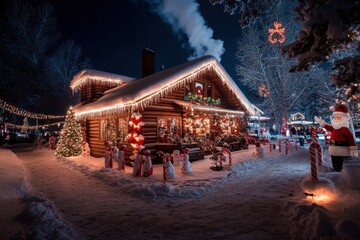 A log cabin illuminated by Christmas lights and festive decorations at night, with a snowman and candy canes in the front yard, creating a joyful holiday scene.