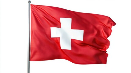 Fototapeta premium A Swiss flag with a bright red field and a white cross, waving in the wind against a light background.