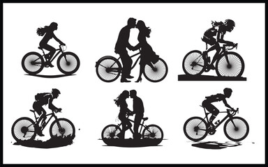 Obraz premium silhouette of a guy and girls who are kissing on a bicycle, vector illustration, isolated object