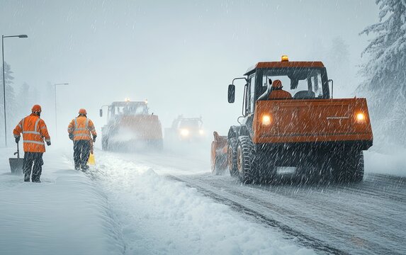 Snow removal vehicles and workers clearing a snowy road in a winter landscape.