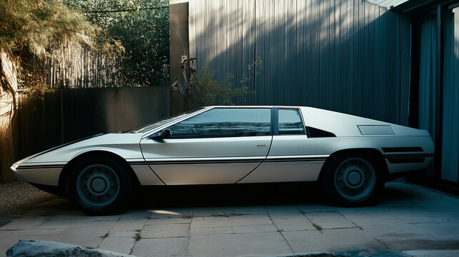 Futuristic silver concept car embracing 80s nostalgia design - Powered by Adobe