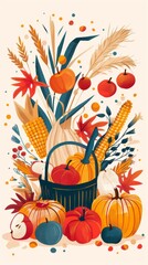 Vibrant Autumn Harvest with Pumpkins, Corn, and Apples