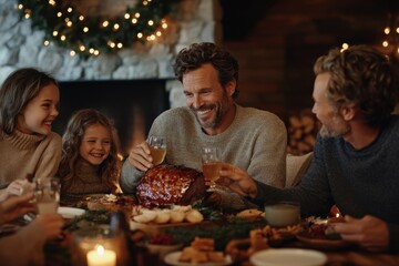 A family, gathered around a warmly lit dinner table, laughs and enjoys a sumptuous holiday meal together, enhancing the joy and warmth of the festive season.