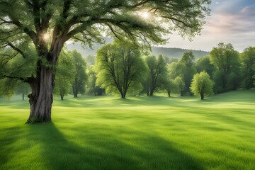 Naklejka premium A bright open meadow with lush green grass a soft breeze and a few scattered trees, AI Generated
