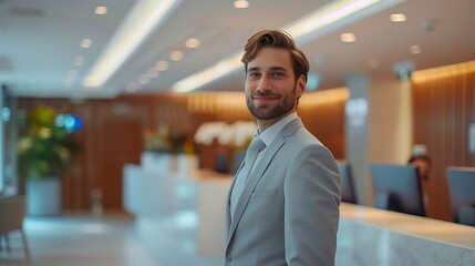 Obraz premium An administrator stands at the reception desk of a contemporary hotel, warmly greeting guests and offering assistance throughout the day