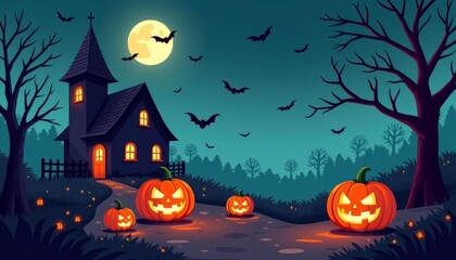 Fototapeta premium Spooky Halloween night with jackolanterns and bats