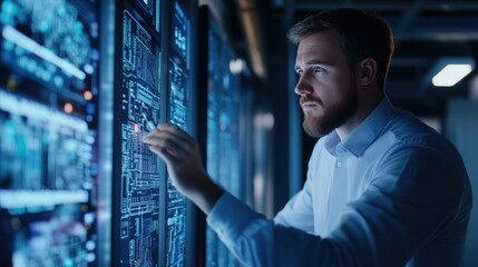 Fototapeta premium A technology integration specialist troubleshooting issues on a digital control panel, optimizing system performance in a high-tech environment