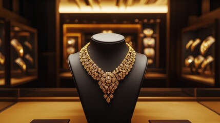 A traditional gold jewelry display featuring a detailed gold necklace with intricate designs, surrounded by cultural motifs and soft lighting in an elegant jewelry store