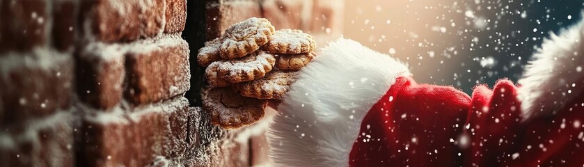 A festive hand in a red glove reaching to place cookies by a brick wall, creating a magical holiday atmosphere.