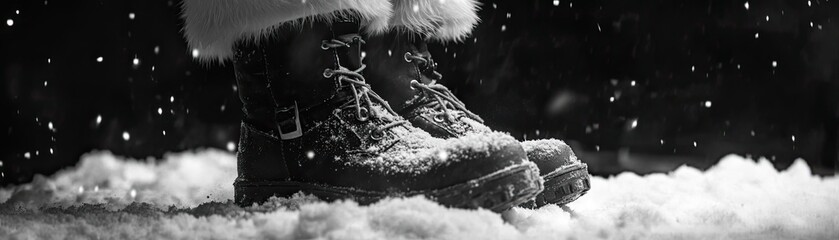 Obraz premium Black and white image of snowy boots, capturing the essence of winter wonder and adventure in a serene, snow-filled landscape.