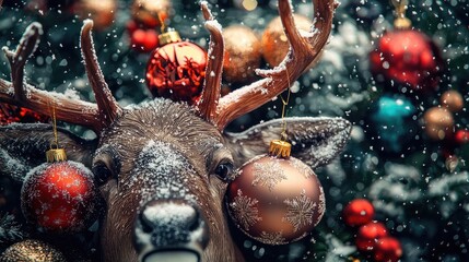 Obraz premium A festive deer adorned with ornaments stands against a snowy backdrop, capturing the spirit of Christmas and holiday cheer.