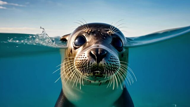 A joyful seal balances a ball on its nose in clear ocean water, with gentle waves and a bright sky, creating a lively, playful scene.