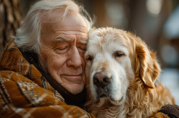An old man is hugging a dog. The dog is a golden retriever. The man is wearing a brown blanket