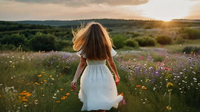A girl in a white dress runs through a field of blooming pastel wildflowers, her hair flowing in the wind, with a bright sky, evoking freedom and joy.