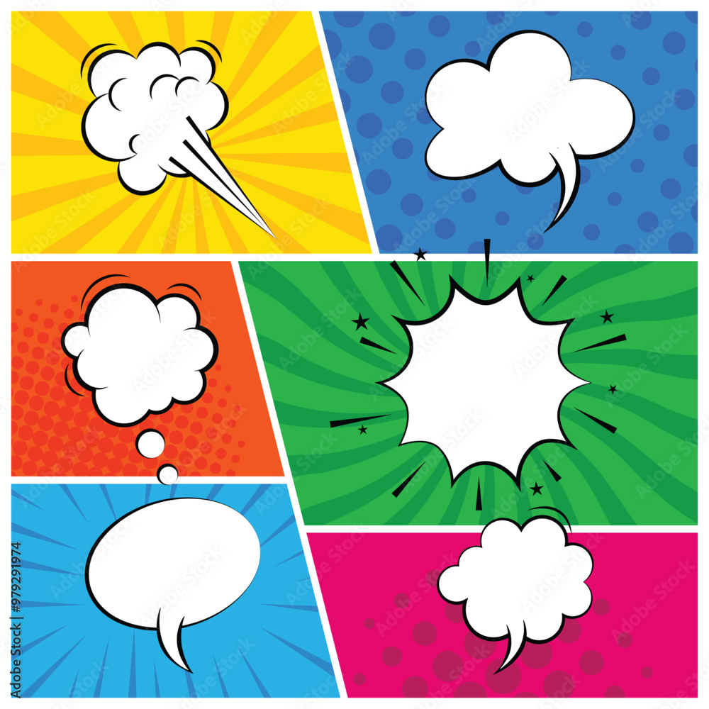 Poster rays, radial, halftone, dotted effects. dialog bubbles. empty comic speech clouds design. colorful c