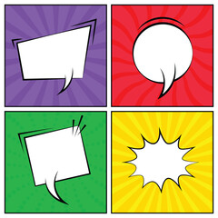 Colorful comic pop art background with blank dialog box. comic books dialog bubbles. empty comical speech clouds. comic background rays