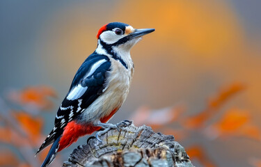 Obraz premium A bird with a red head and black and white wings is perched on a tree branch. The bird is looking to its left