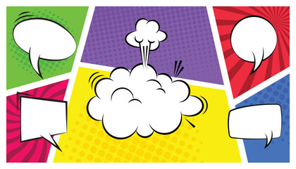 Comic empty speech bubbles set on colorful background. comic books dialog bubbles. vintage design, empty comic speech clouds. pop art style