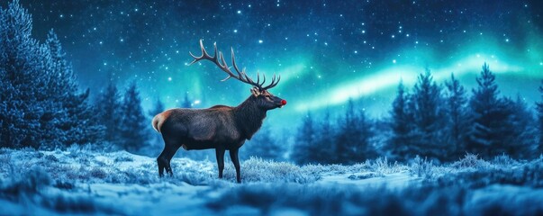 Majestic elk stands under a vibrant aurora borealis, surrounded by a serene winter landscape of snow and pine trees.