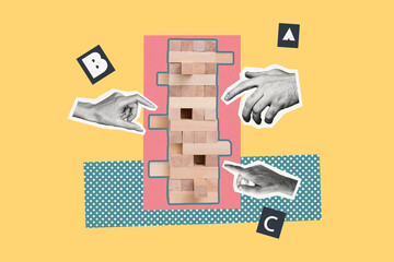 Composite trend artwork 3D sketch image photo collage of silhouette three hands play jenga pile...