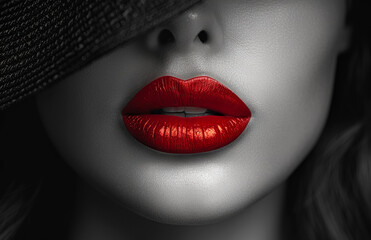 Obraz premium A woman's lips are painted red and she is wearing a black hat. The image has a bold and dramatic feel to it, with the red lips and the black hat creating a striking contrast