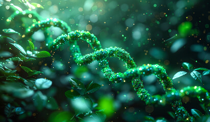 A green plant with a green ribbon around it. The ribbon is made of glitter and it looks like a DNA strand