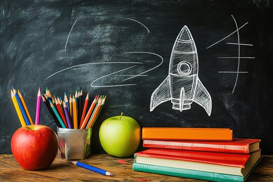 Back to school concept with hand drawn rocket on blackboard and school supplies. Flat lay.
