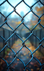 A blue chain link fence with a view of a bridge and leaves on the ground