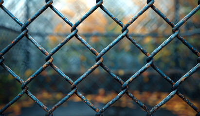Fototapeta premium A chain link fence with rusted metal bars. The fence is open and the leaves are falling