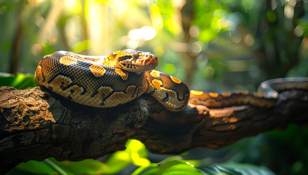 A large, colorful snake is resting on a tree branch. The snake is brown and black with yellow markings. The scene is peaceful and serene, with the snake looking relaxed and content