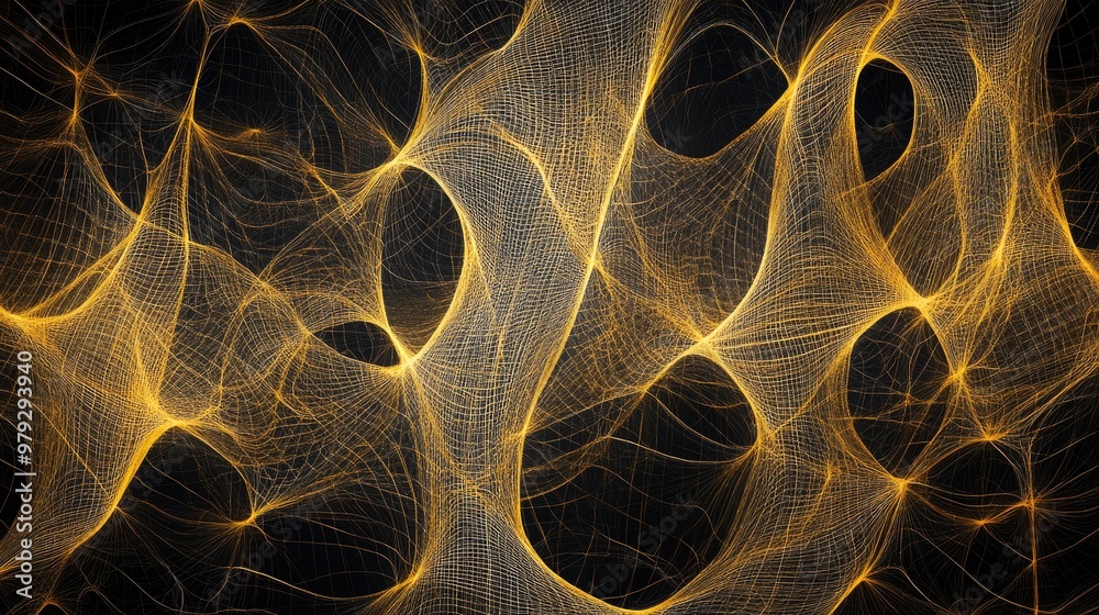 Poster an abstract design with golden interconnected lines, creating a mesh pattern that gives a sense of d