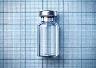 A single vaccine diluent ampule sitting on a modern medical illustration blueprint, featuring a subtle grid pattern and minimalistic aesthetic, with the focus on the ampule's shape, label