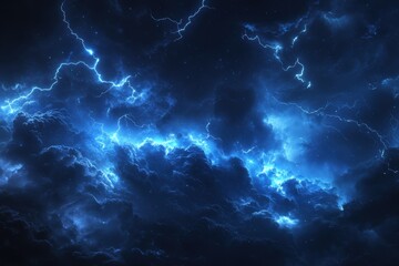 Fototapeta premium Dazzling electric strikes twirl through menacing dark clouds, brightening the evening horizon with a shimmering blue light, highlighting the raw power of nature's wrath
