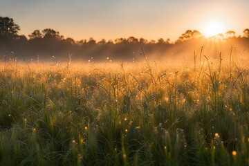 A meadow at sunrise with dew glistening on the grass and the sky glowing in warm hues, AI Generated