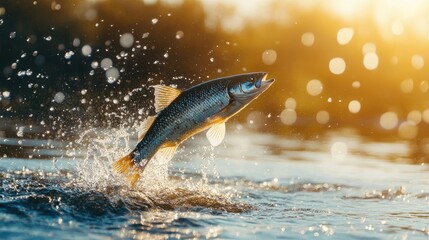 Fototapeta premium A close-up of a fish jumping out of the water, with its shiny scales glistening in the sunlight as it breaks the surface