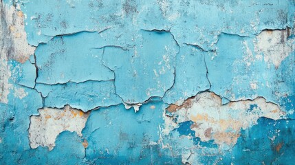 Obraz premium An aged blue painting on a wall with visible cracks, peeling paint, and grunge textures, creating a vintage aesthetic.