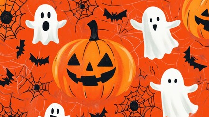 An illustration of a spiderweb Halloween pumpkin, ghost border in flat lay format