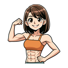 Vector illustration of a fit, muscular woman flexing her bicep with a confident smile, showcasing strength and health.