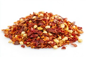 Dried red chili seeds and flakes set against a light background