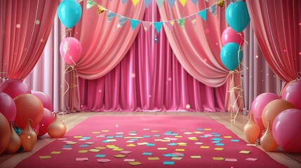 Stage, Birthday atmosphere, balloon, Ribbon, red carpet on the stage with a pink curtain background, birthday decorations, colorful flags and balloons. Generative AI.