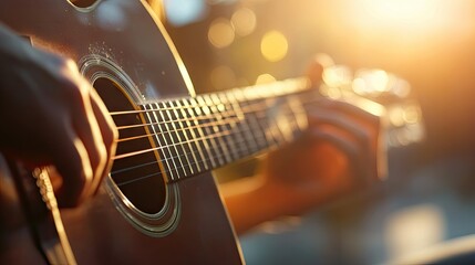 Obraz premium A close-up of a musicians hands playing chords on the fretboard of an acoustic guitar, with soft focus on the background
