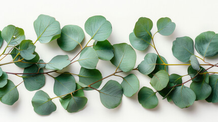 A single branch of green eucalyptus leaves against a clean, white backdrop,