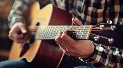 Fototapeta premium A close-up of a musicians hands playing chords on the fretboard of an acoustic guitar, with soft focus on the background
