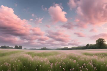 Obraz premium A tranquil meadow in the evening light with soft pink clouds in the sky and a gentle breeze, AI Generated