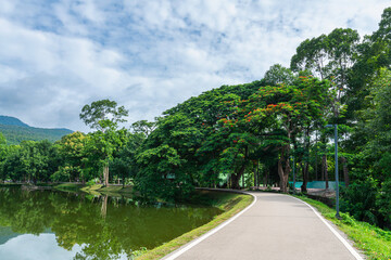 a public place leisure travel landscape lake views at Ang Kaew Chiang Mai University and Doi Suthep nature forest Mountain views spring cloudy sky background with white cloud.
