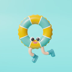 3d Inflatable ring character isolated on blue blackground. Summer vacation. 3d rendering.