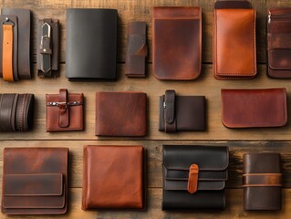 A stylish collection of leather wallets and accessories arranged on a wooden surface, showcasing various shades of brown.