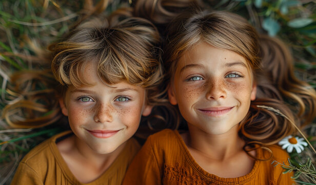 Two young girls are laying on the grass, smiling and looking at the camera. Scene is happy and carefree