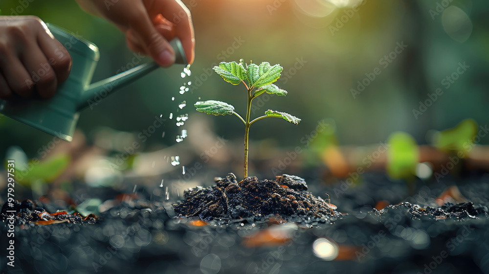 Poster a small tree growing from the ground, beside the tree is a hand holding a watering can watering the 